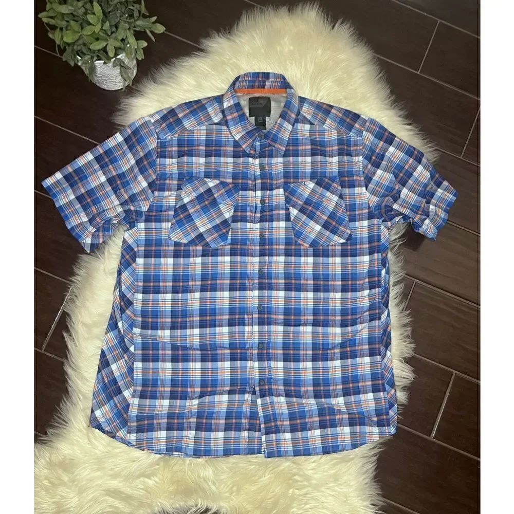 5.11 Tactical blue/orange/white plaid casual pearl snap button down sz Large